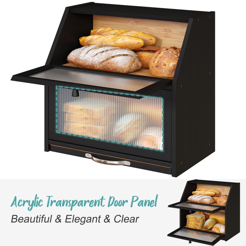 Vriccc Extra Large Bread Box with Cutting Board Bamboo Wood Bread Box for Kitchen Counter, Double Layer Large Capacity Bread Storage Bin with Acrylic Wavy Door Panel (Black) - Image 4