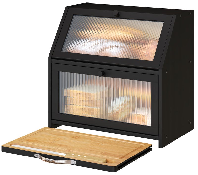 Vriccc Extra Large Bread Box with Cutting Board Bamboo Wood Bread Box for Kitchen Counter, Double Layer Large Capacity Bread Storage Bin with Acrylic Wavy Door Panel (Black) - Image 1