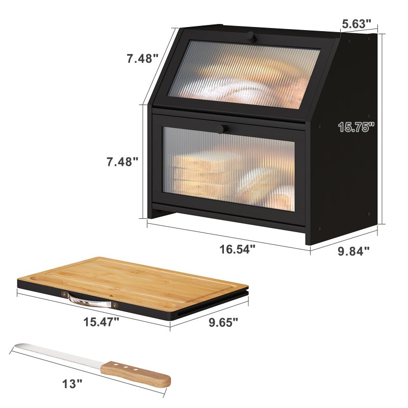 Vriccc Extra Large Bread Box with Cutting Board Bamboo Wood Bread Box for Kitchen Counter, Double Layer Large Capacity Bread Storage Bin with Acrylic Wavy Door Panel (Black) - Image 2