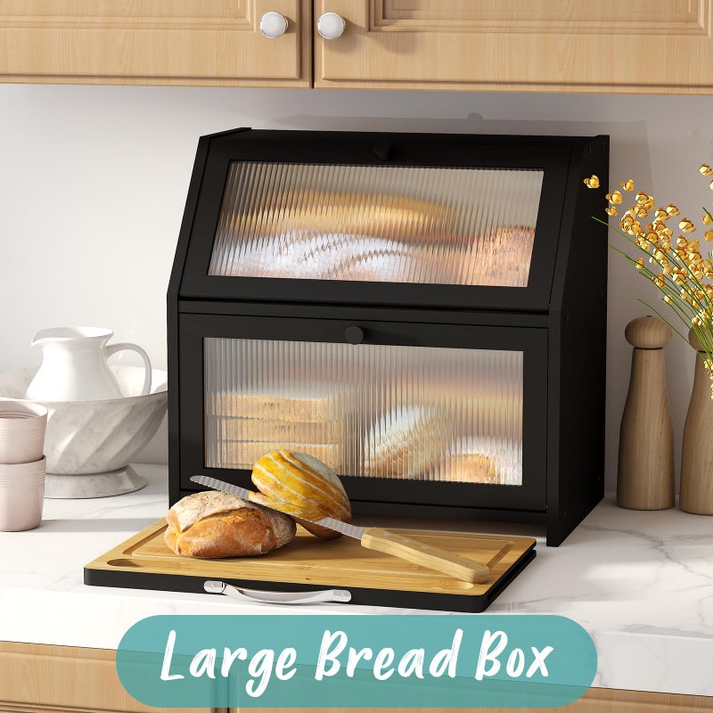 Vriccc Extra Large Bread Box with Cutting Board Bamboo Wood Bread Box for Kitchen Counter, Double Layer Large Capacity Bread Storage Bin with Acrylic Wavy Door Panel (Black) - Image 5
