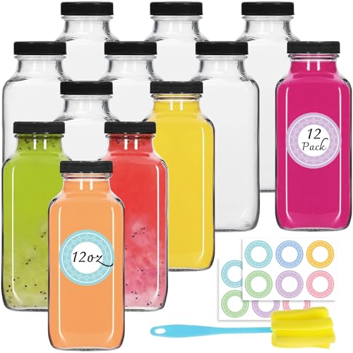NEWMIAO 12 pack 12 oz Glass Juice Bottles with Lids, 360 ml Reusable Glass Water Bottles, Empty Drink Containers Drinking Jars with Brush, for Milk, Juicing, Kombucha, Ginger - Image 1