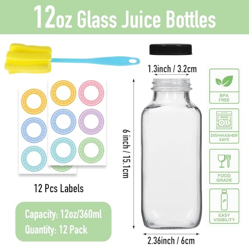NEWMIAO 12 pack 12 oz Glass Juice Bottles with Lids, 360 ml Reusable Glass Water Bottles, Empty Drink Containers Drinking Jars with Brush, for Milk, Juicing, Kombucha, Ginger - Image 2