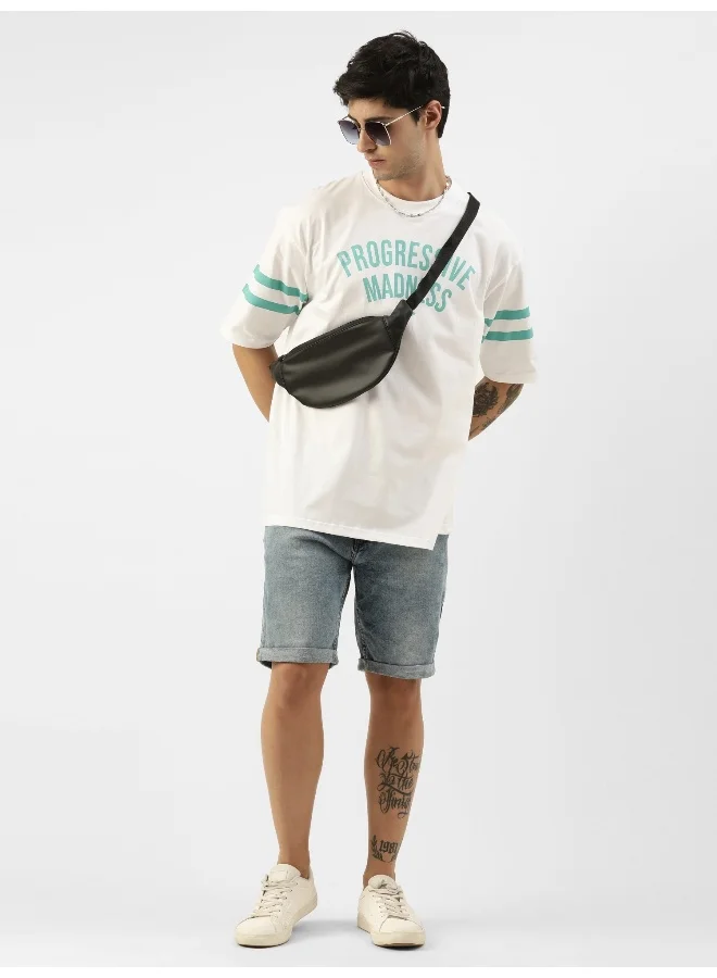 Maniac Mens Printed Round Neck 3/4th Sleeve White and Green Cotton Oversized T-Shirt