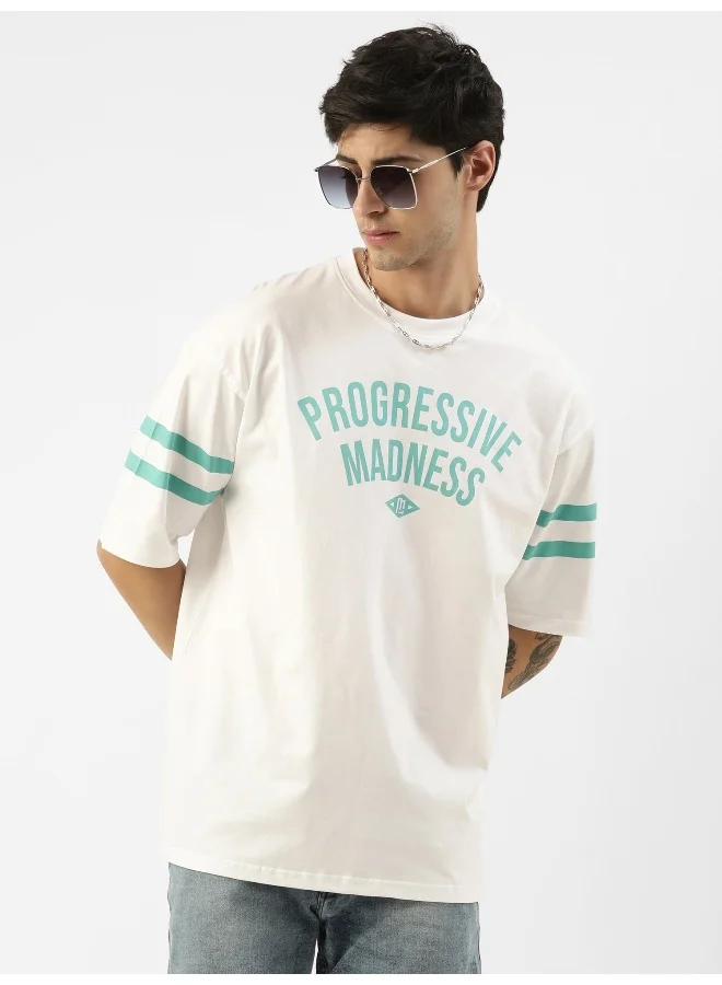 Maniac Mens Printed Round Neck 3/4th Sleeve White and Green Cotton Oversized T-Shirt