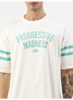 Maniac Mens Printed Round Neck 3/4th Sleeve White and Green Cotton Oversized T-Shirt  - Image 4