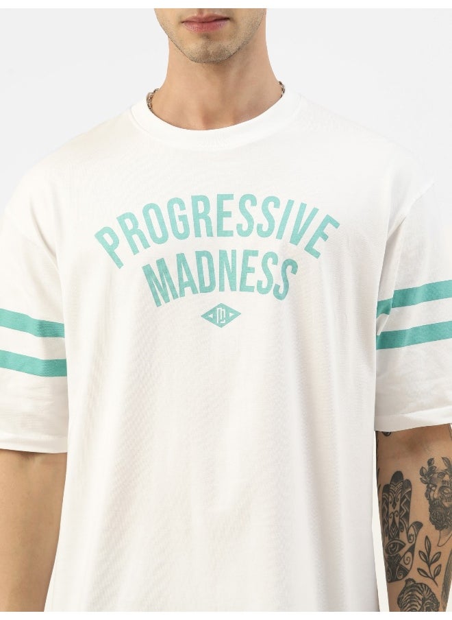 Maniac Mens Printed Round Neck 3/4th Sleeve White and Green Cotton Oversized T-Shirt  - Image 4