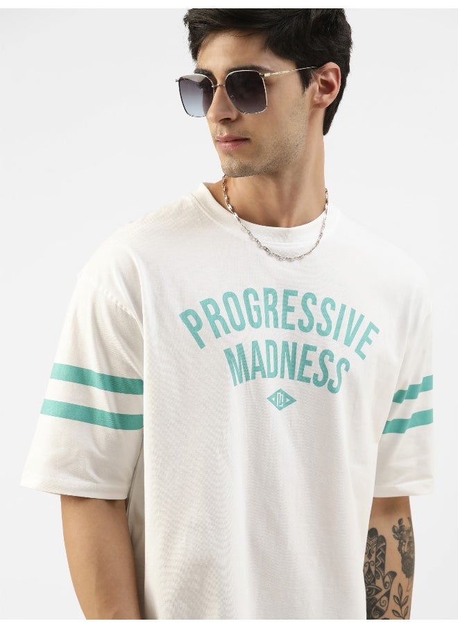 Maniac Mens Printed Round Neck 3/4th Sleeve White and Green Cotton Oversized T-Shirt  - Image 1