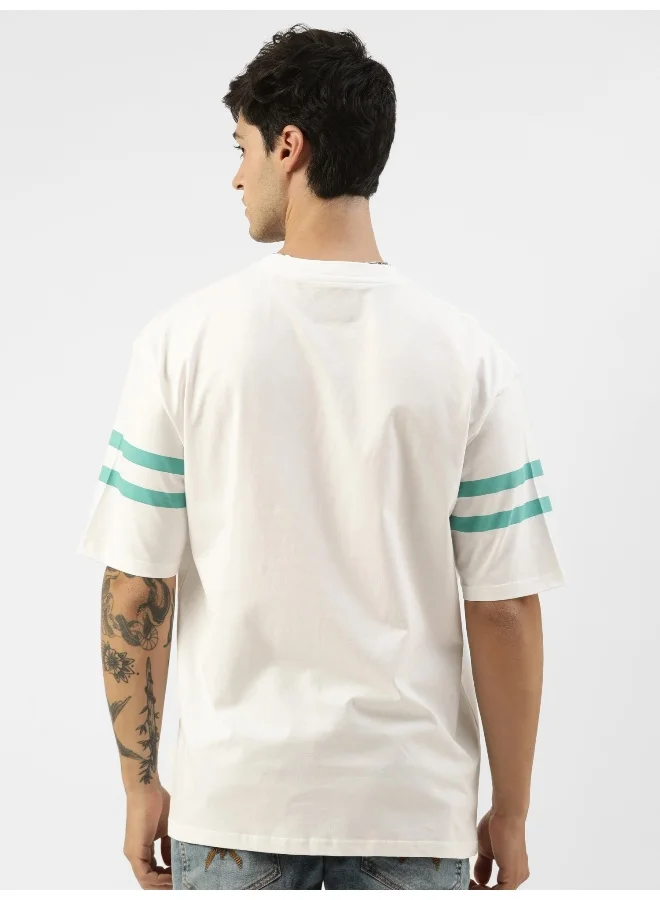 Maniac Mens Printed Round Neck 3/4th Sleeve White and Green Cotton Oversized T-Shirt