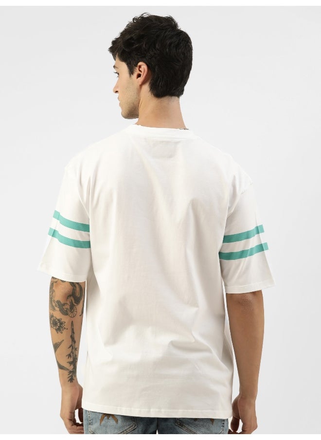Maniac Mens Printed Round Neck 3/4th Sleeve White and Green Cotton Oversized T-Shirt  - Image 5