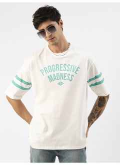 Maniac Mens Printed Round Neck 3/4th Sleeve White and Green Cotton Oversized T-Shirt  - Image 3