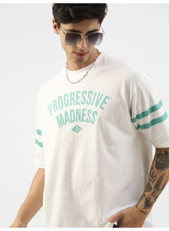 Maniac Mens Printed Round Neck 3/4th Sleeve White and Green Cotton Oversized T-Shirt  - Image 2