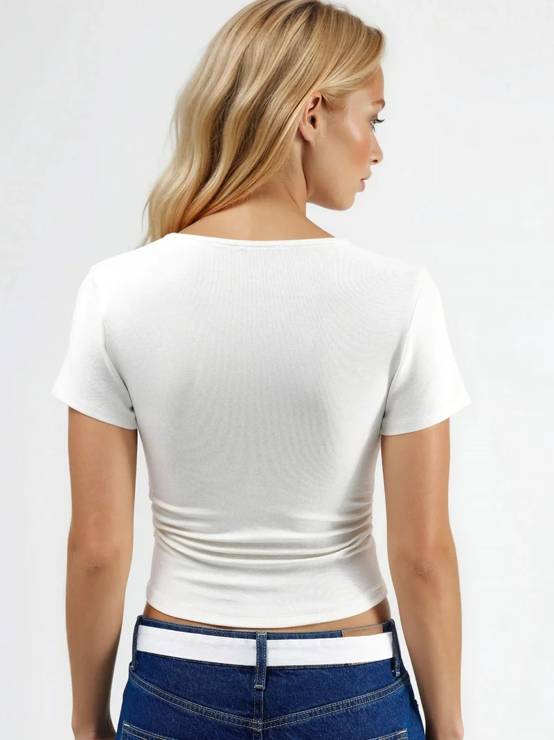 Hiccup White Draped Detail Fitted Stretch Knit Blouse for Women | Best Price UAE