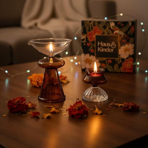 Haus & Kinder Crystal Flame Elegant Diya Set of 2 | Amber Clear Borosilicate Glass Oil Lamp | Decorative Diya for Pooja, Home & Festive Decor | Heat-Resistant | 8.8x5.4 Cm, 5x4.9 Cm - Image 2