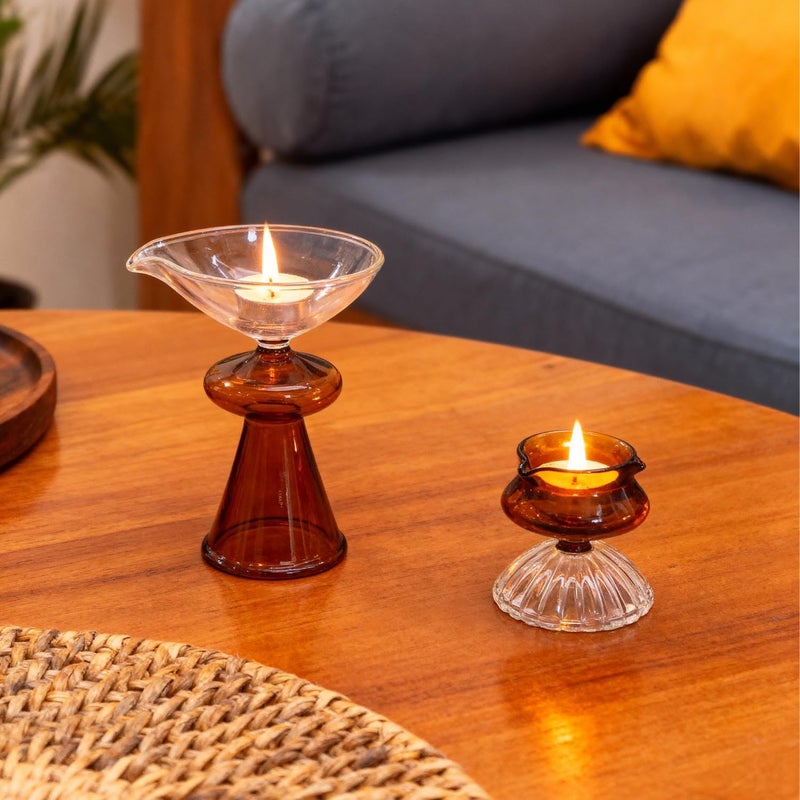 Haus & Kinder Crystal Flame Elegant Diya Set of 2 | Amber Clear Borosilicate Glass Oil Lamp | Decorative Diya for Pooja, Home & Festive Decor | Heat-Resistant | 8.8x5.4 Cm, 5x4.9 Cm - Image 3