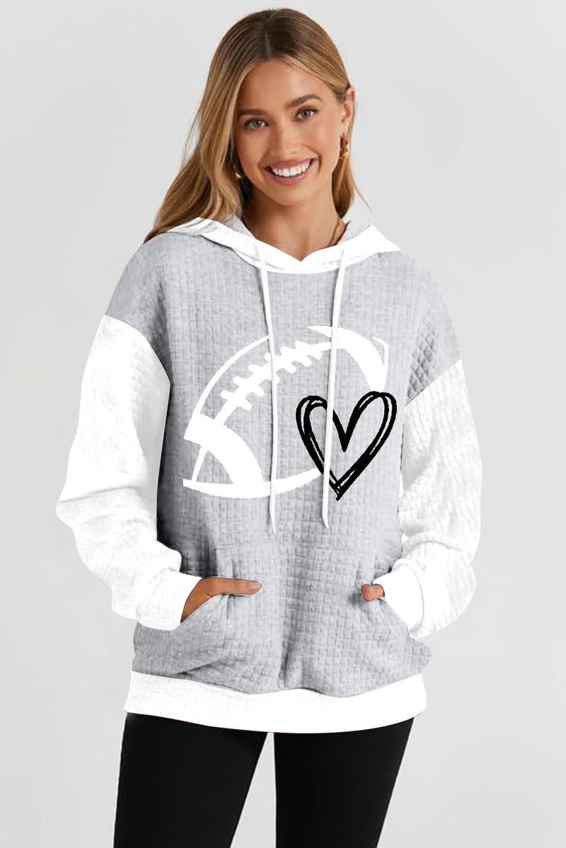 VILOVE Game Day Hooded Sweatshirt Women: Funny Football Graphic Sweatshirt Waffle Knit Game Day Pullover Hoodies Long Sleeve White-grey - Image 3