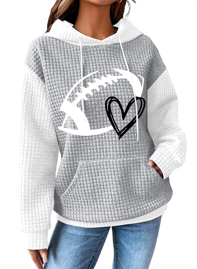 VILOVE Game Day Hooded Sweatshirt Women: Funny Football Graphic Sweatshirt Waffle Knit Game Day Pullover Hoodies Long Sleeve White-grey - Image 1