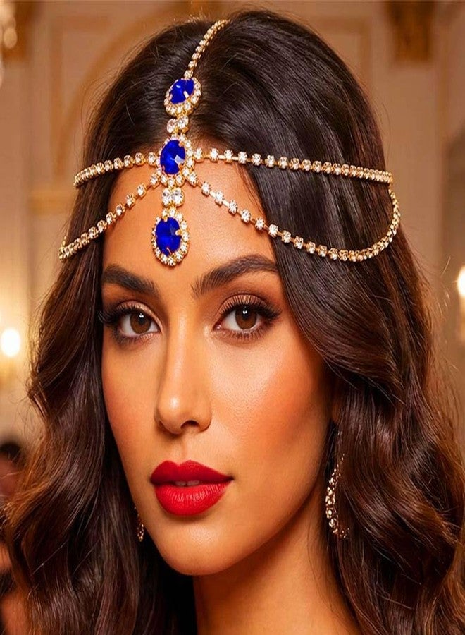 أوكملا سلسلة رأس ذهبية مرصعة بالكريستال من أوكملا، إكسسوارات شعر للنساء (مطلية بالذهب - أزرق، مقاس واحد) - Image 1
