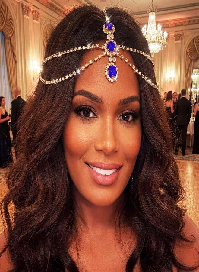 أوكملا سلسلة رأس ذهبية مرصعة بالكريستال من أوكملا، إكسسوارات شعر للنساء (مطلية بالذهب - أزرق، مقاس واحد) - Image 3