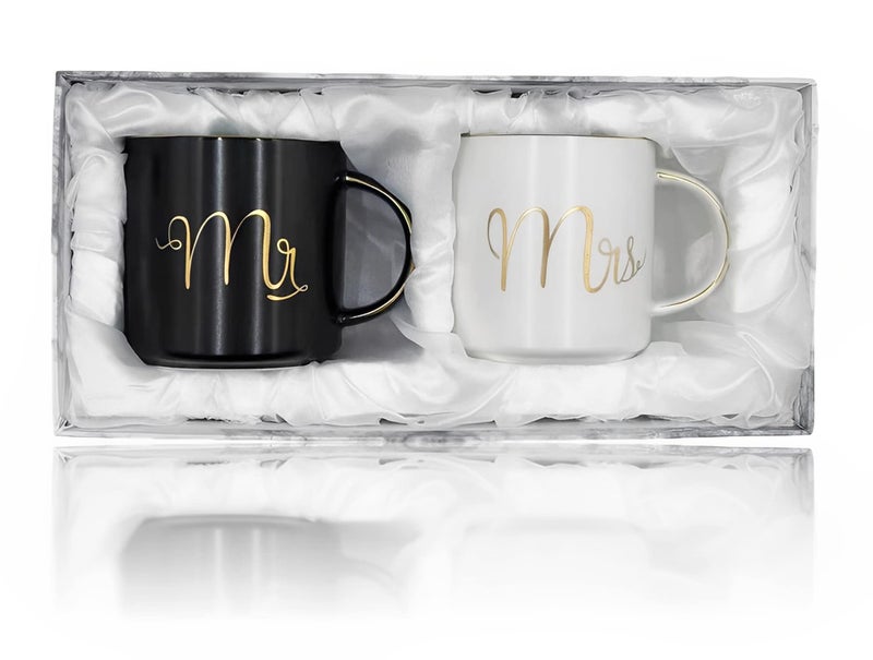 Cheardia 12 oz Mr and Mrs Mugs Ceramic Coffee Mug Set Engagement Gifts for Couples His and Hers Mugs for Bride and Groom Anniversary Valentines Bridal Shower Wedding Black White