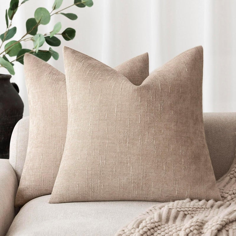 Foindtower Set of 2 Soft Textured Chenille Throw Decorative Pillow Covers Square Accent Solid Cushion Cover Cozy Neutral Farmhouse Pillow Case for Couch Sofa Bedroom Living Room 16x16 Inch,Cream Camel - Image 1