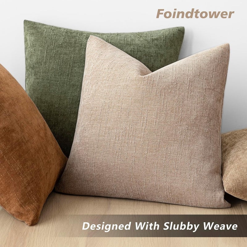 Foindtower Set of 2 Soft Textured Chenille Throw Decorative Pillow Covers Square Accent Solid Cushion Cover Cozy Neutral Farmhouse Pillow Case for Couch Sofa Bedroom Living Room 16x16 Inch,Cream Camel - Image 5