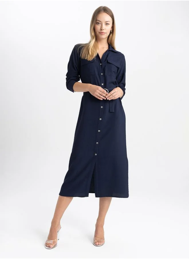 DeFacto Solid Button Placket Belted Shirt Midi Dress by Styli