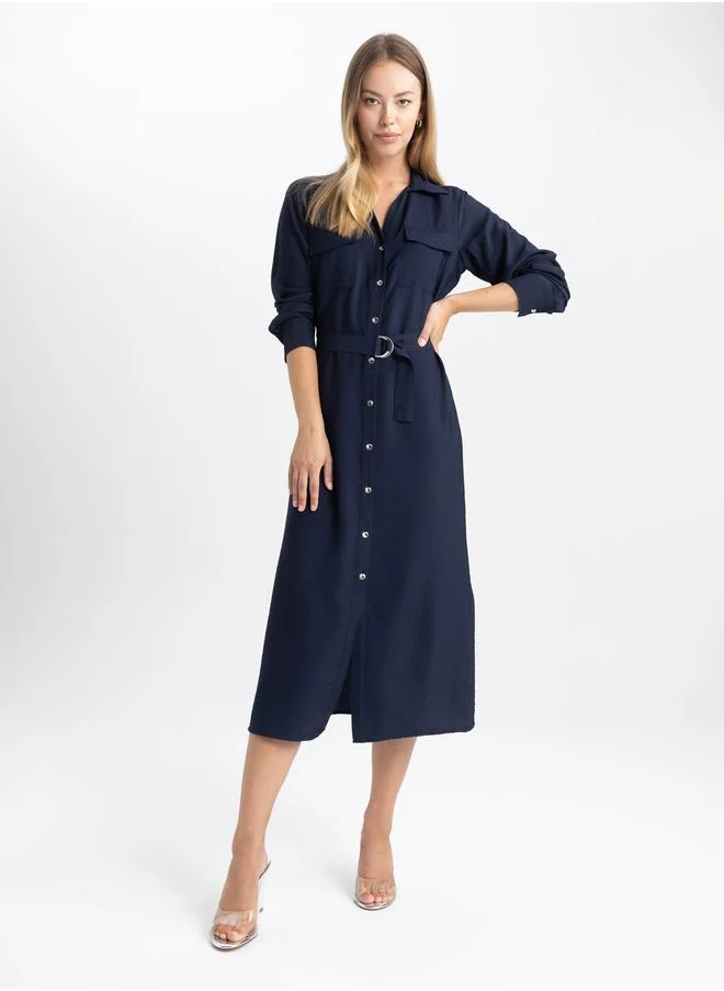 DeFacto Solid Button Placket Belted Shirt Midi Dress by Styli