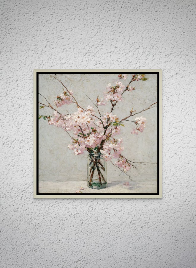 Art Decor Framed Canvas Square Print of Cherry Blossom in Glass Vase Modern Abstract Floral Botanical Wall Décor for Living Room Bedroom Office - Image 1
