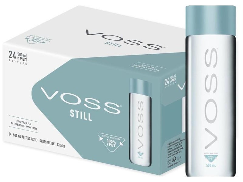 مياه فوس المعدنية الفاخرة ٥٠٠ مل × ٢٤ زجاجة مياه ١٠٠٪؜ من مادة البولي إيثيلين تيريفثالات المُعاد تدويرها - مياه شرب نقية غير غازية بتصميم زجاجة فريد ومميز