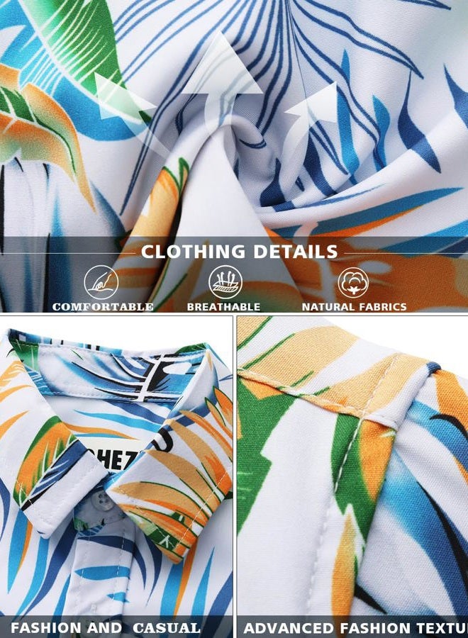 MOHEZ Boy Hawaiian Shirt Floral Print Shirt Short Sleeve Button Down Summer Beach Tops for Kids, 05white, 13-14 Years - Image 3