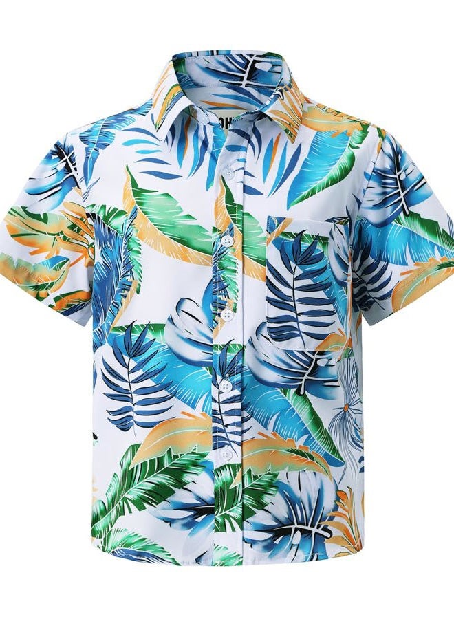MOHEZ Boy Hawaiian Shirt Floral Print Shirt Short Sleeve Button Down Summer Beach Tops for Kids, 05white, 13-14 Years - Image 1