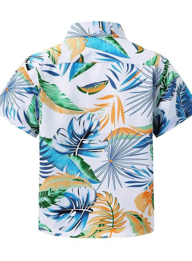 MOHEZ Boy Hawaiian Shirt Floral Print Shirt Short Sleeve Button Down Summer Beach Tops for Kids, 05white, 13-14 Years - Image 2