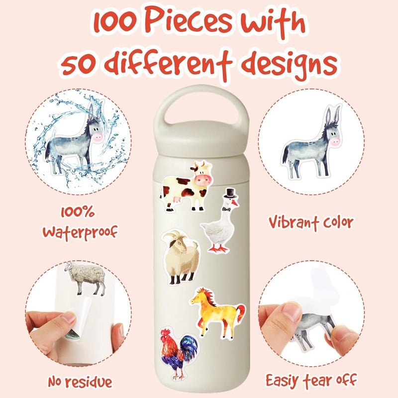 Glenmal ملصقات حيوانات مزرعة جلنمال 100 قطعة للأولاد والبنات ملصقات حيوانات فاخرة مقاومة للماء للزجاجات والهاتف واللوح التزلجي والأمتعة والجيتار وزينة الحفلات - Image 4