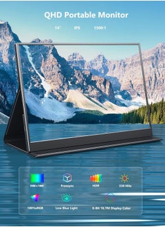 HILUKE 14'' 2.5K Portable Gaming Monitor with HDR, 60Hz, FreeSync, 10Bit Color, Dual Speakers, USB-C & HDMI, Built-in Kickstand & Cover, Compatible with PC/PS5/Xbox/Switch for Home or Office Use  - Image 2