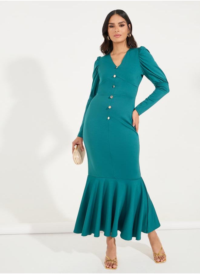 Styli Button Detail Fit & Flare Maxi Dress with Mermaid Hem  - Image 1