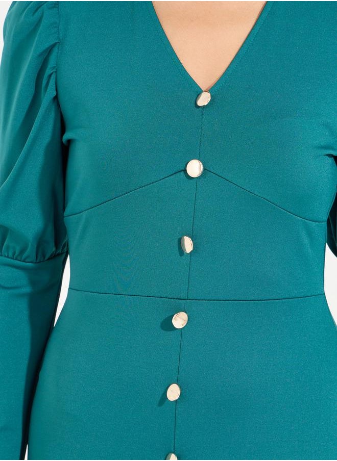 Styli Button Detail Fit & Flare Maxi Dress with Mermaid Hem  - Image 3