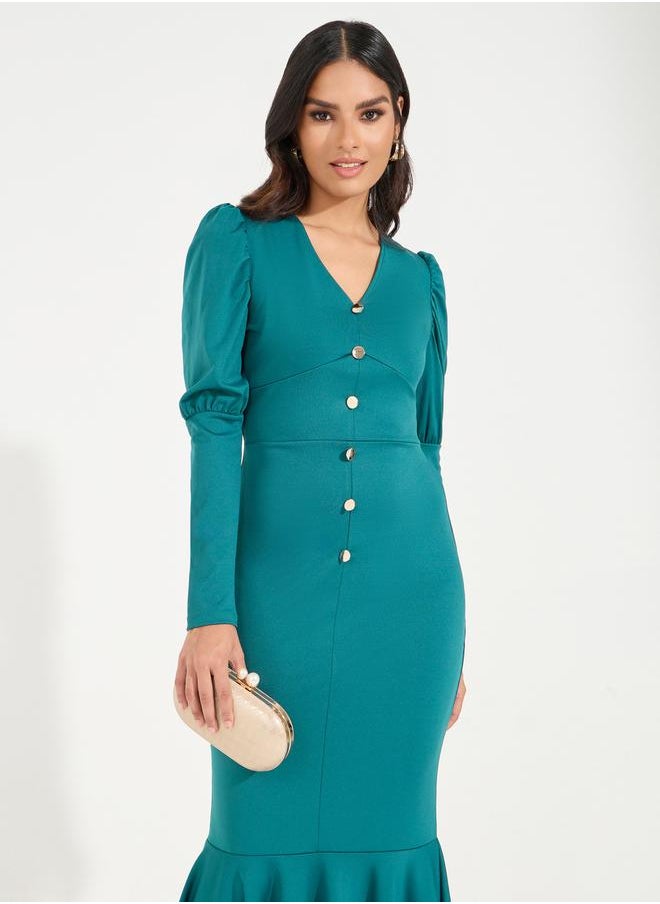 Styli Button Detail Fit & Flare Maxi Dress with Mermaid Hem  - Image 2