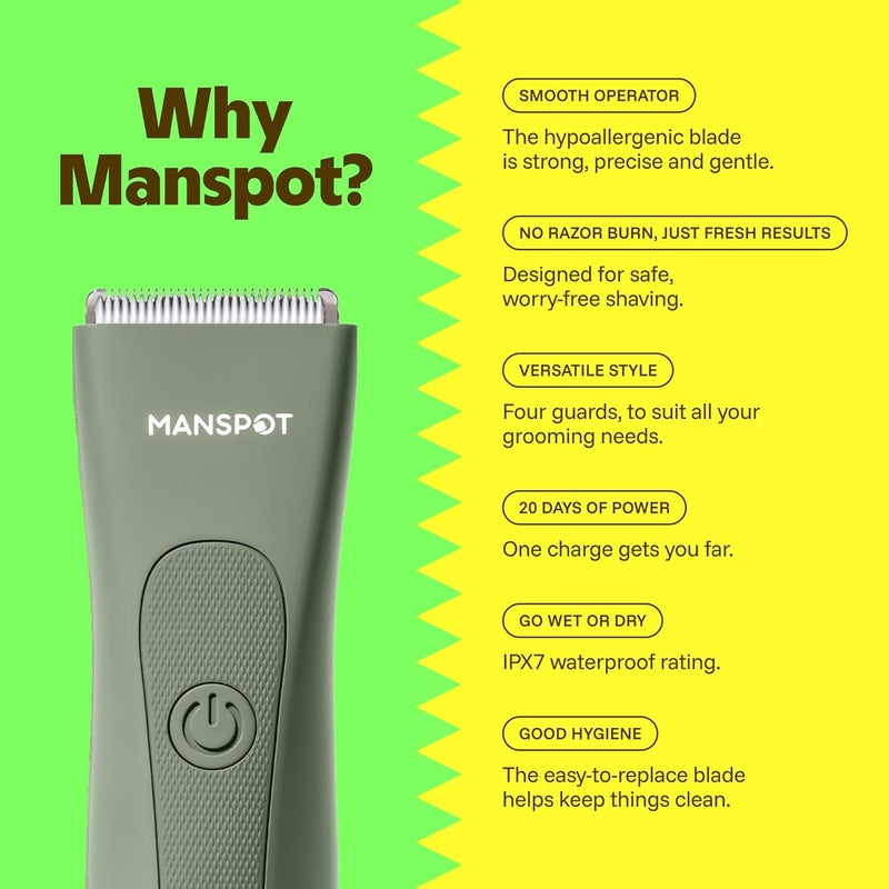 MANSPOT Manscape Pubic Hair Trimmer for Men and Women, Electric Trimmer Pubic Trimmer Shaver,Hypoallergenic Ceramic Blade Heads,Waterproof Wet/Dry Groin Shaver,20 Times Usage,No Nick,No Burn Green 2 - Image 1