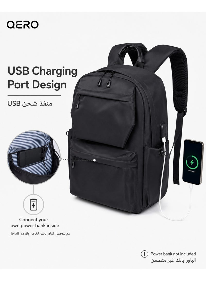 QERO Lightweight Laptop Backpack with USB Charging Port, Water Resistant 15.6 Inch Travel School Bag for Men and Women, Black - Image 4
