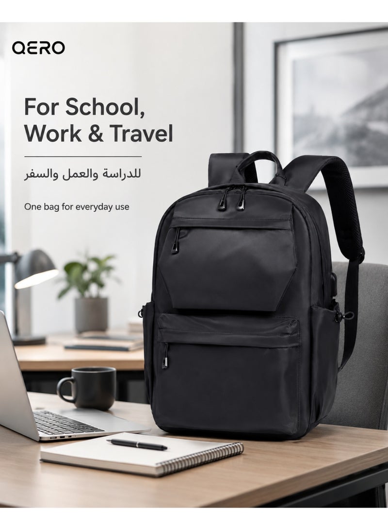 QERO Lightweight Laptop Backpack with USB Charging Port, Water Resistant 15.6 Inch Travel School Bag for Men and Women, Black - Image 3