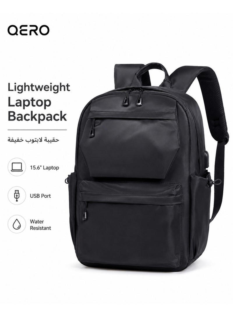 QERO Lightweight Laptop Backpack with USB Charging Port, Water Resistant 15.6 Inch Travel School Bag for Men and Women, Black - Image 1