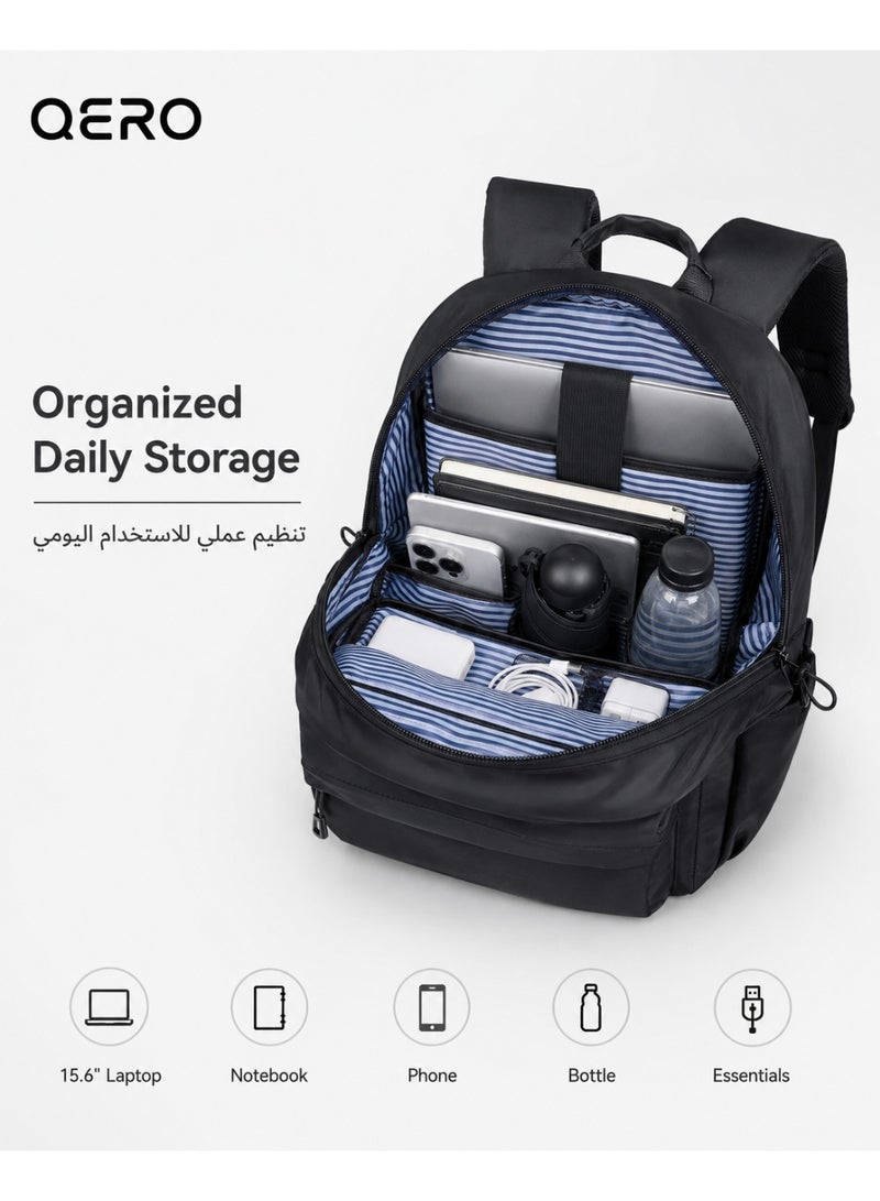 QERO Lightweight Laptop Backpack with USB Charging Port, Water Resistant 15.6 Inch Travel School Bag for Men and Women, Black - Image 2