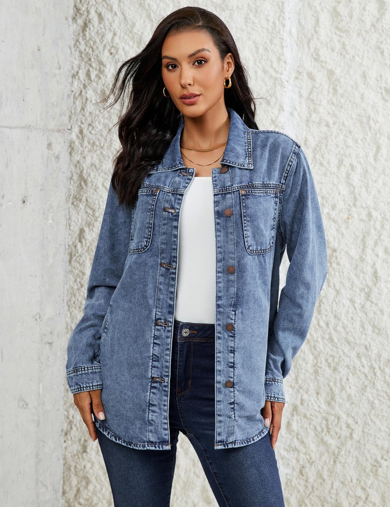 Luvamia Women's Fashion Casual Button Down Denim Jacket - Trendy Lightweight Jean Jacket - Oversized Denim Shirt - Bay Blue Size Large (Fits Size 12-14) - Image 2