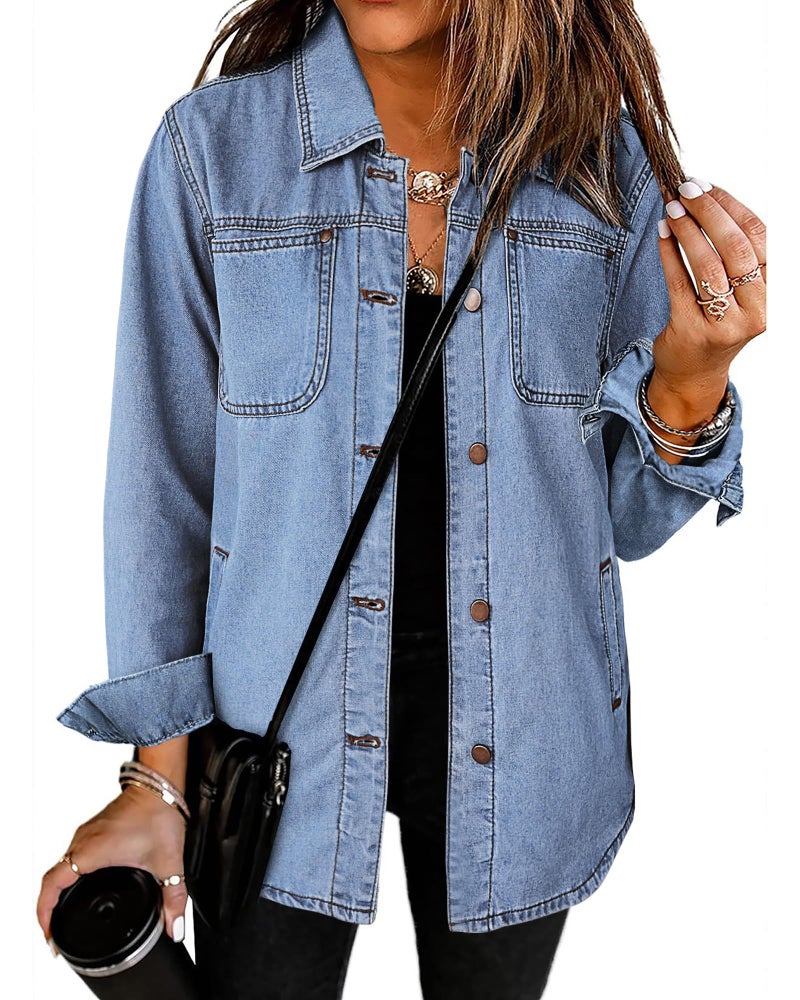 Luvamia Women's Fashion Casual Button Down Denim Jacket - Trendy Lightweight Jean Jacket - Oversized Denim Shirt - Bay Blue Size Large (Fits Size 12-14) - Image 1