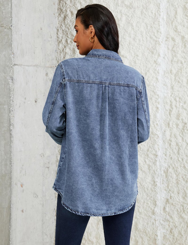 Luvamia Women's Fashion Casual Button Down Denim Jacket - Trendy Lightweight Jean Jacket - Oversized Denim Shirt - Bay Blue Size Large (Fits Size 12-14) - Image 5