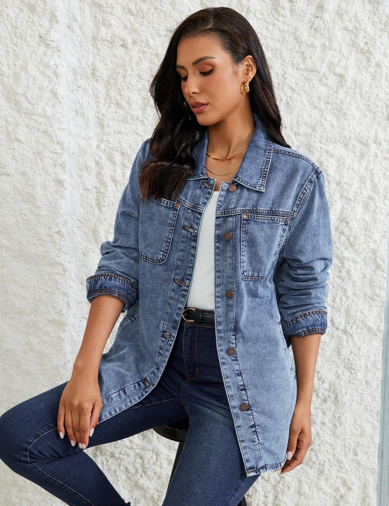 Luvamia Women's Fashion Casual Button Down Denim Jacket - Trendy Lightweight Jean Jacket - Oversized Denim Shirt - Bay Blue Size Large (Fits Size 12-14) - Image 4