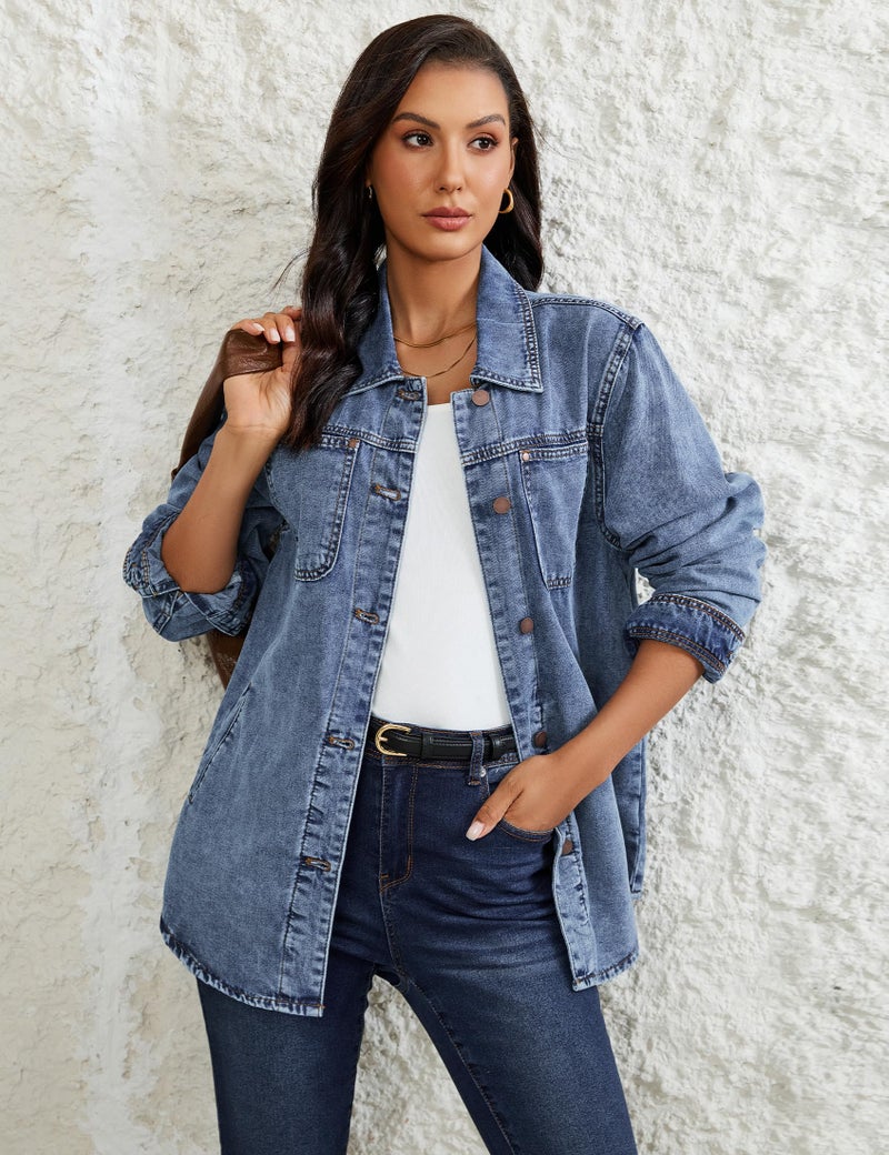 Luvamia Women's Fashion Casual Button Down Denim Jacket - Trendy Lightweight Jean Jacket - Oversized Denim Shirt - Bay Blue Size Large (Fits Size 12-14) - Image 3