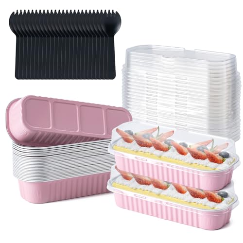 Husfunov 25 Pack Mini Cake Pans with Lids and Spoons Small Aluminum Foil Loaf Pans Rectangular Baking Containers for Party and Picnics 68oz Pink - Image 1