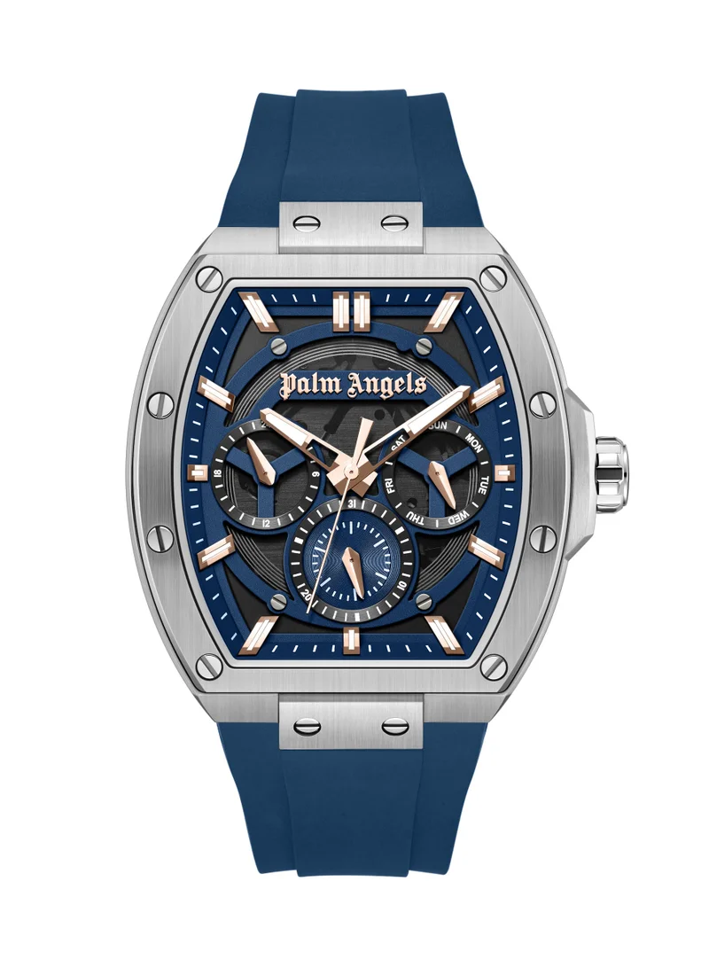Palm Angels Vortex Black-Blue Dial Blue Silicone Strap Multifunction Watch for Men, 42mm