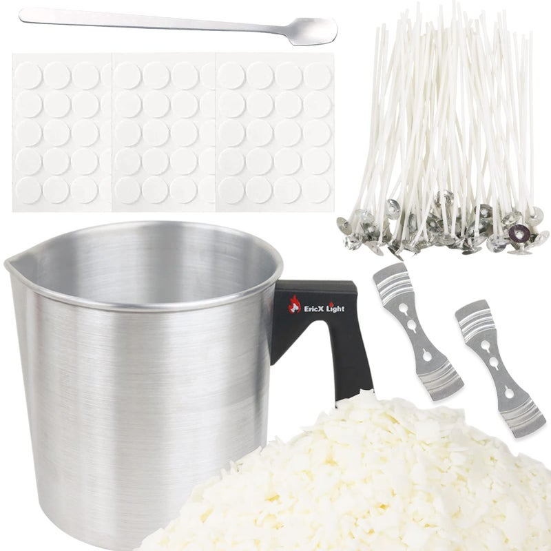 EricX Light Candle Making Kit 60pcs Candle Wicks 60pcs Candle Wicks Sticker 16oz Soy Wax 1pc Candle Wax Pouring Pot 2pcs 3Hole Wicks Centering Devices 1pc Mixing Spoon DIY Candles Craft Tools